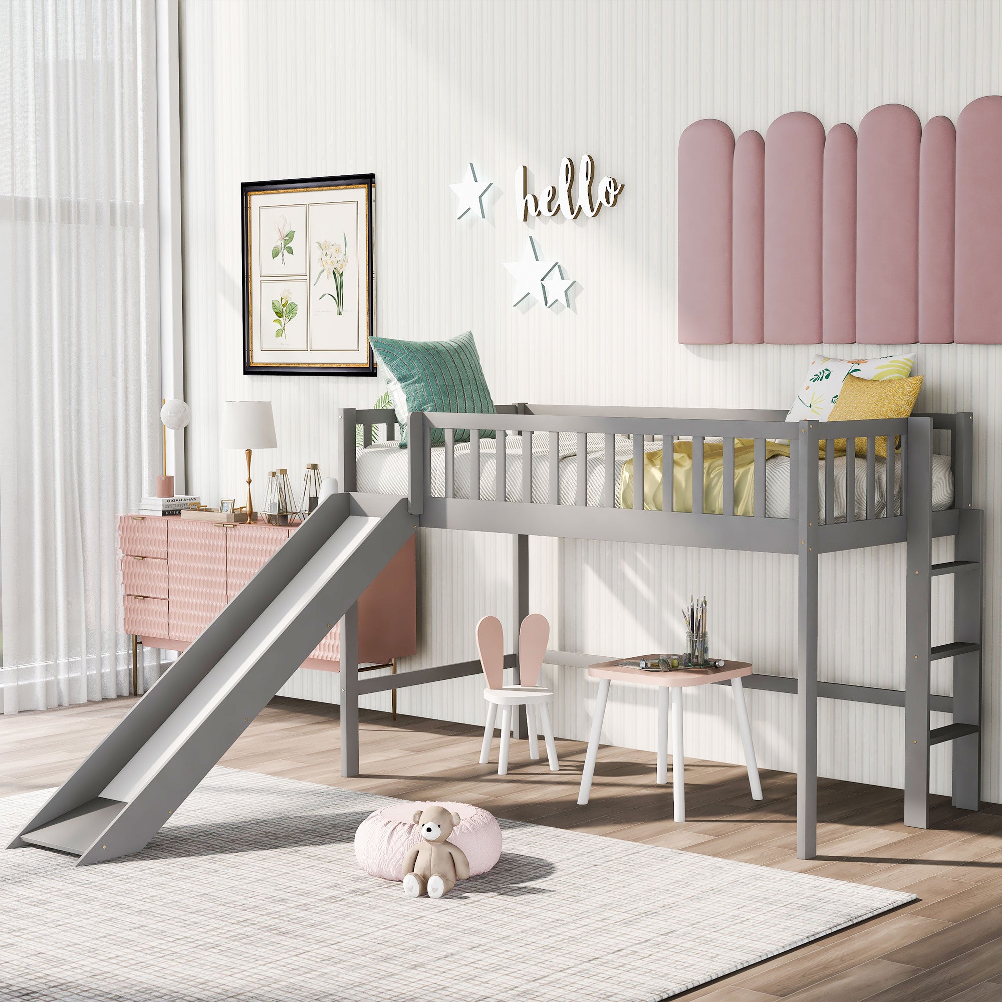 Twin Size Low Loft Bed with Ladder and Slide, Gray – LUXSHERY