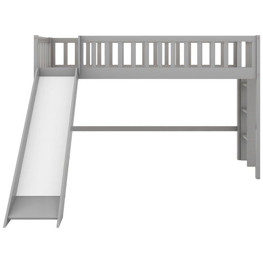 Twin Size Low Loft Bed with Ladder and Slide, Gray