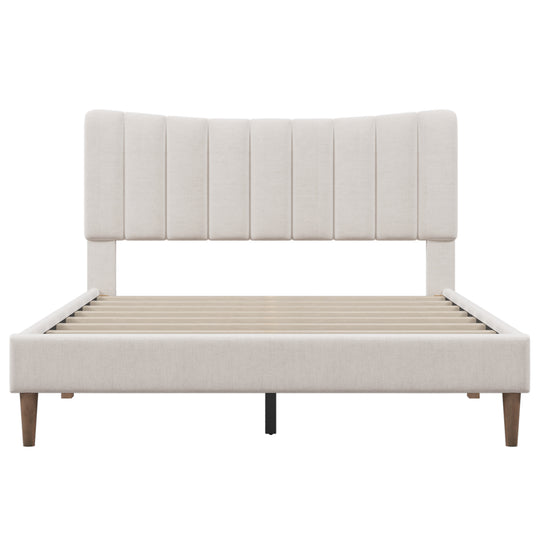 Upholstered Platform Bed Frame with Vertical Channel Tufted Headboard, No Box Spring Needed, Queen,Cream