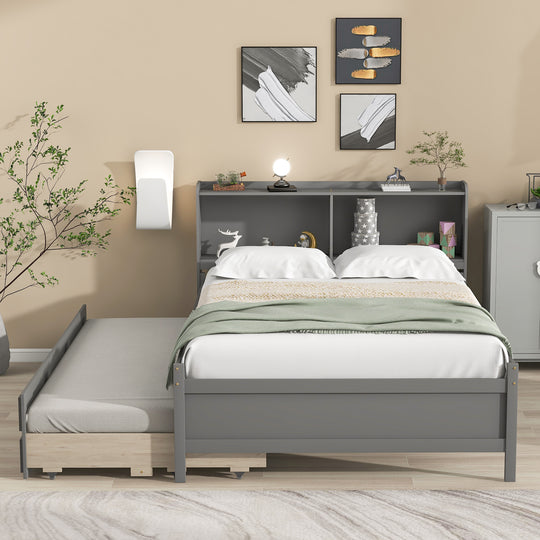 Full Bed with Bookcase,Twin Trundle,Drawers,Grey