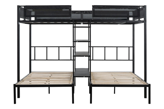 Metal Full over Twin Beds with Shelves/ Sturdy Metal Frame/ Noise-Free Wood Slats/ Comfortable Textilene Guardrail/ Bunk Bed for Three/ Built-in 3-Tier Shelves/ No Box Spring Needed