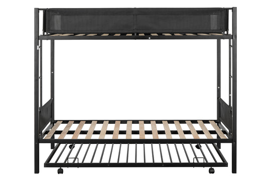 Metal Twin over twin bunk bed with Trundle/ Sturdy Metal Frame/ Noise-Free Wood Slats/ Comfortable Textilene Guardrail/ 2 side Ladders/ Space-Saving Trundle/ Bunk Bed for Three/ No Box Spring Needed