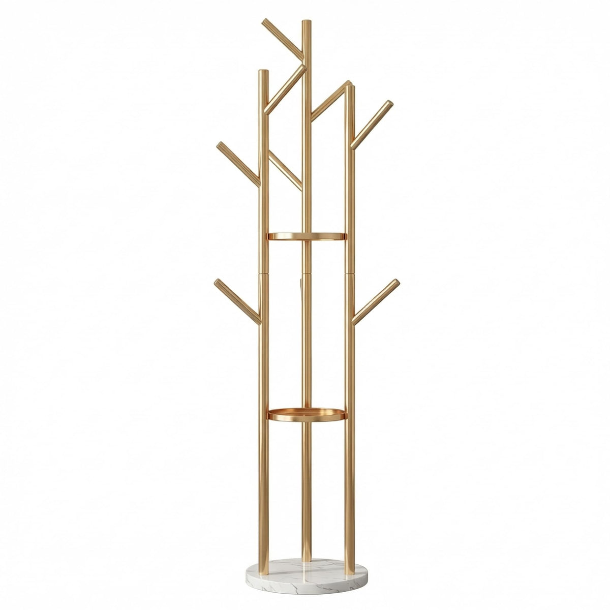 Gold Metal Coat Rack Freestanding with Marble Base, 9 Hooks Coat Tree with Shelves for Entryway Hallway Bedroom Office, Modern Coat Hanger Stand for Clothes Bags Hats Scarves Easy Assembly.