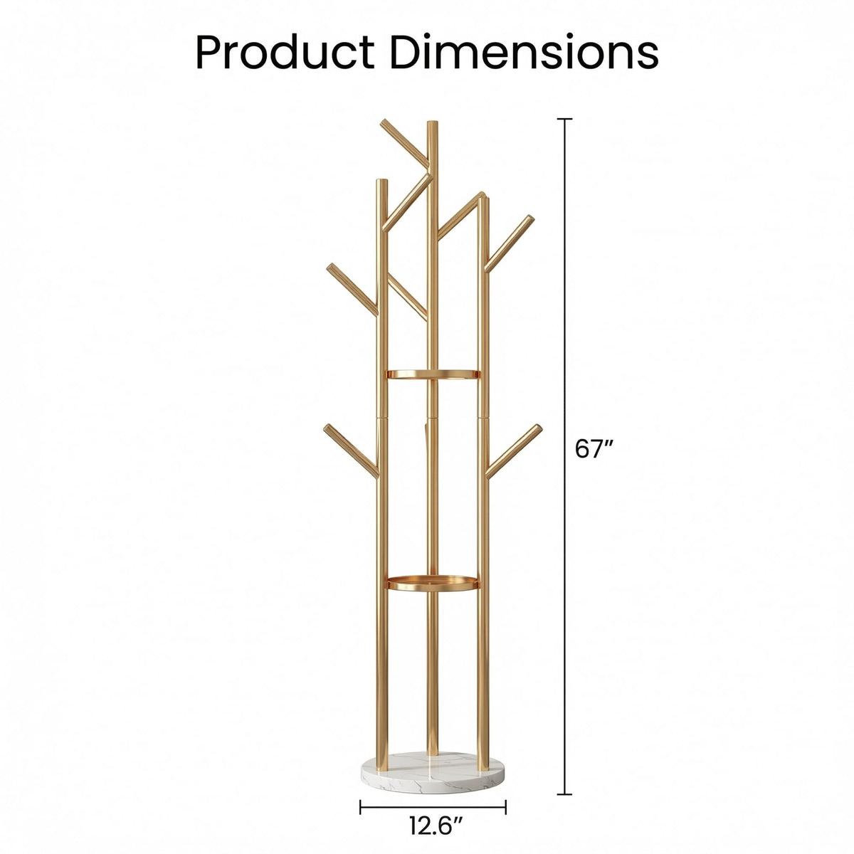 Gold Metal Coat Rack Freestanding with Marble Base, 9 Hooks Coat Tree with Shelves for Entryway Hallway Bedroom Office, Modern Coat Hanger Stand for Clothes Bags Hats Scarves Easy Assembly.