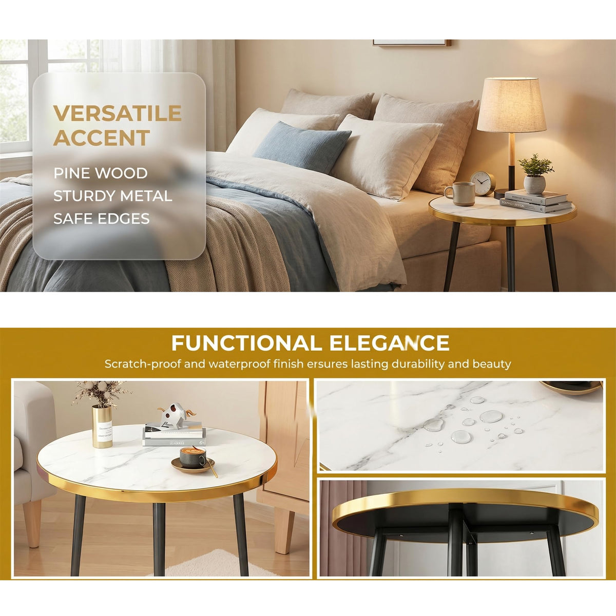 Round Side Table, Gold Metal Frame AccentTable with Marble Texture Top, Modern EndTable for Living Room Bedroom, SmallSpaces