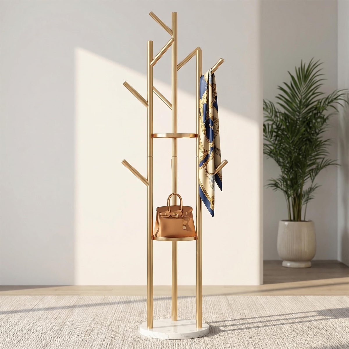 Gold Metal Coat Rack Freestanding with Marble Base, 9 Hooks Coat Tree with Shelves for Entryway Hallway Bedroom Office, Modern Coat Hanger Stand for Clothes Bags Hats Scarves Easy Assembly.