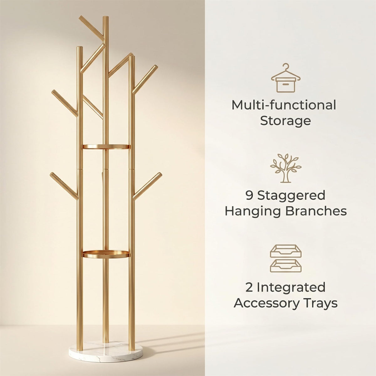 Gold Metal Coat Rack Freestanding with Marble Base, 9 Hooks Coat Tree with Shelves for Entryway Hallway Bedroom Office, Modern Coat Hanger Stand for Clothes Bags Hats Scarves Easy Assembly.