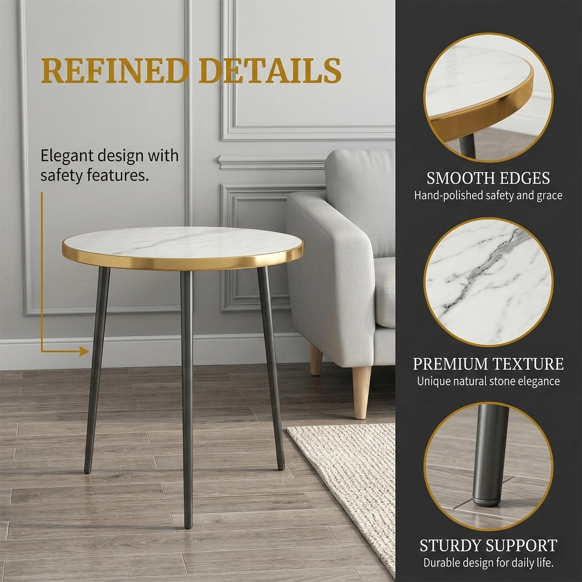 Round Side Table, Gold Metal Frame AccentTable with Marble Texture Top, Modern EndTable for Living Room Bedroom, SmallSpaces