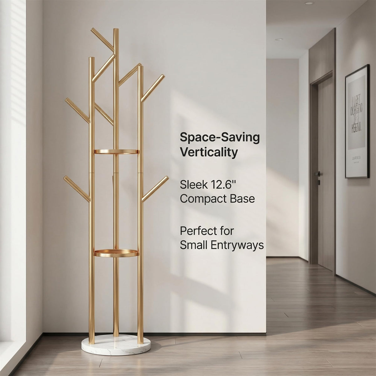 Gold Metal Coat Rack Freestanding with Marble Base, 9 Hooks Coat Tree with Shelves for Entryway Hallway Bedroom Office, Modern Coat Hanger Stand for Clothes Bags Hats Scarves Easy Assembly.