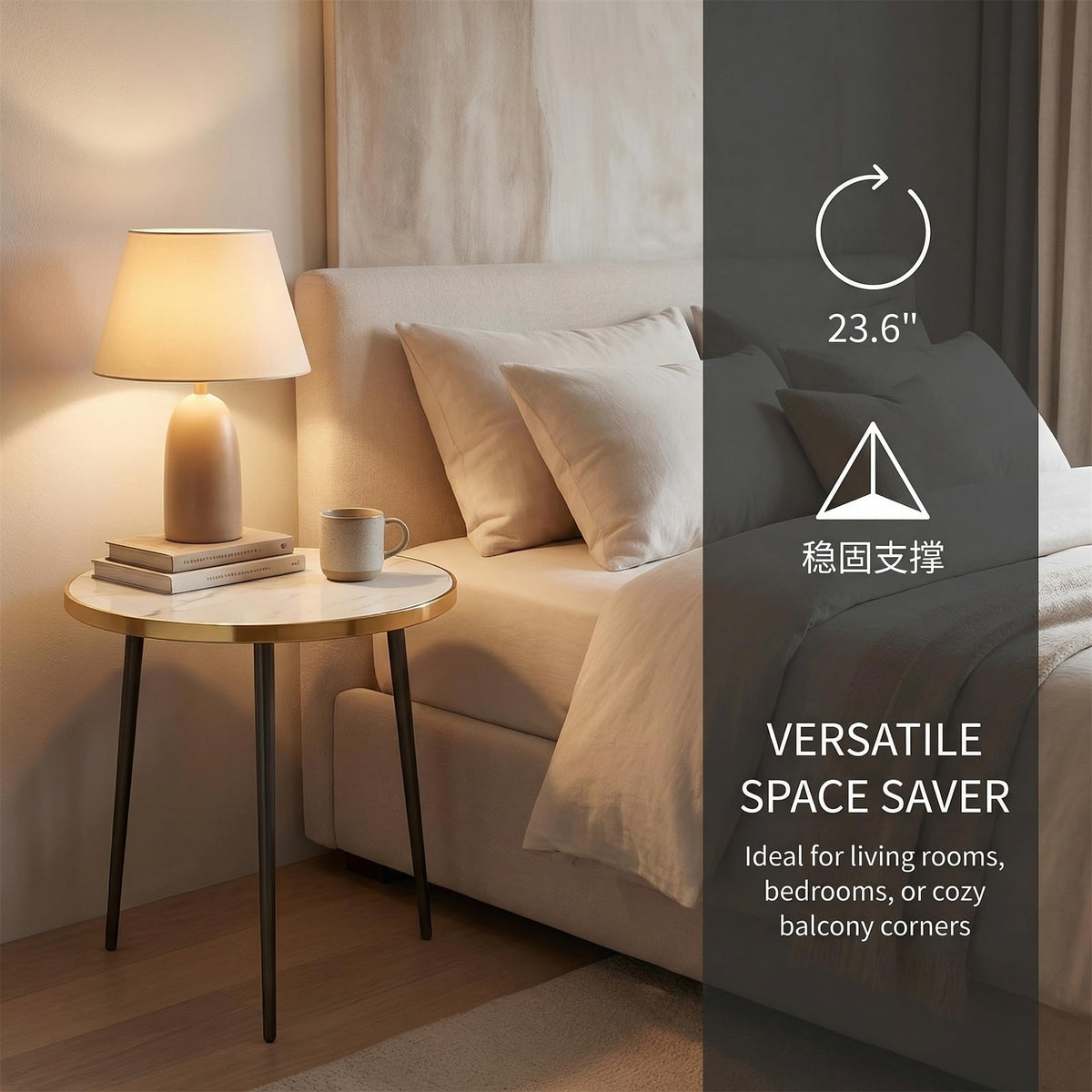 Round Side Table, Gold Metal Frame AccentTable with Marble Texture Top, Modern EndTable for Living Room Bedroom, SmallSpaces
