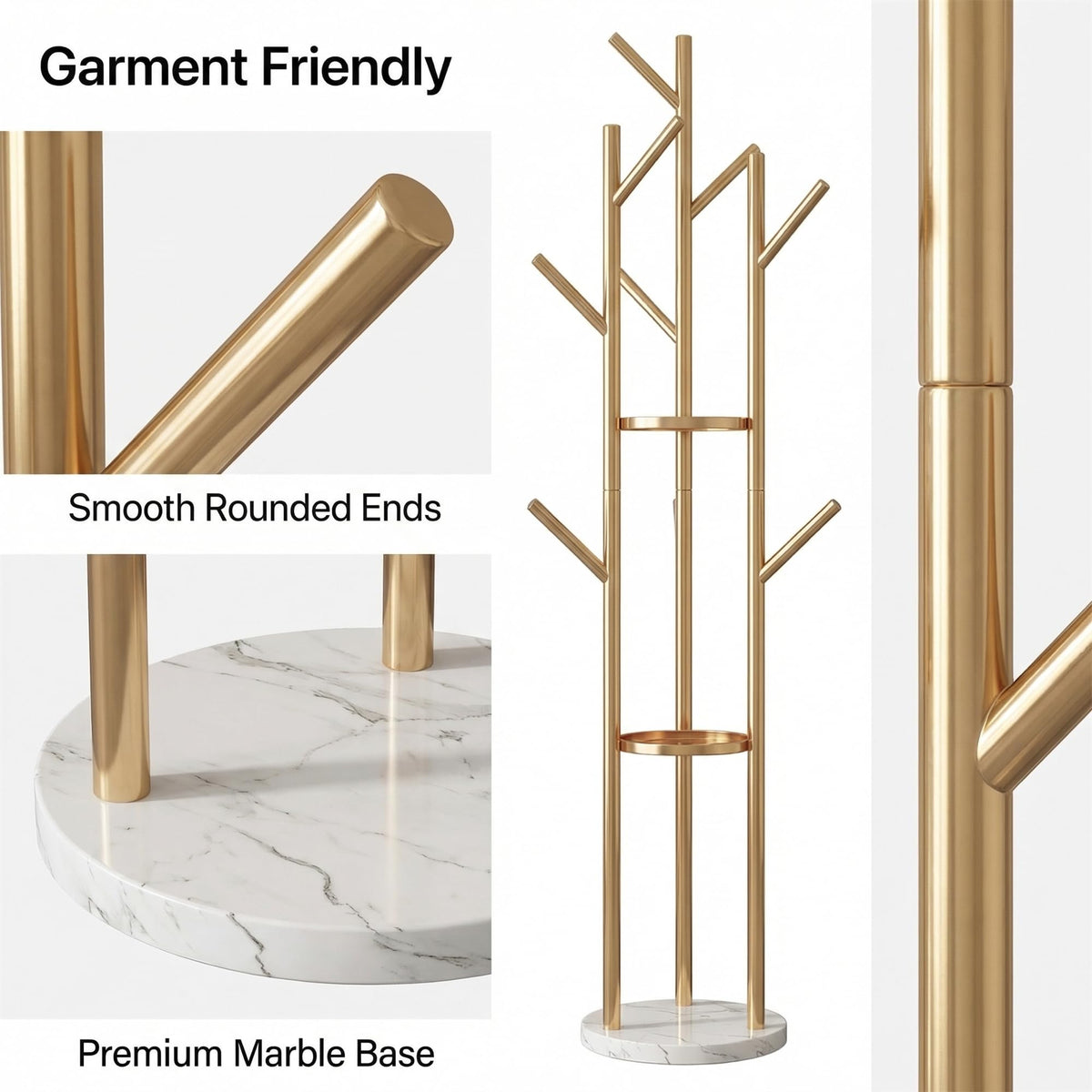 Gold Metal Coat Rack Freestanding with Marble Base, 9 Hooks Coat Tree with Shelves for Entryway Hallway Bedroom Office, Modern Coat Hanger Stand for Clothes Bags Hats Scarves Easy Assembly.