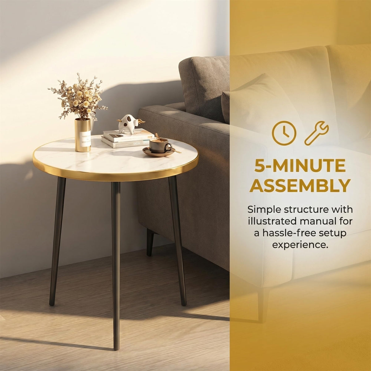 Round Side Table, Gold Metal Frame AccentTable with Marble Texture Top, Modern EndTable for Living Room Bedroom, SmallSpaces