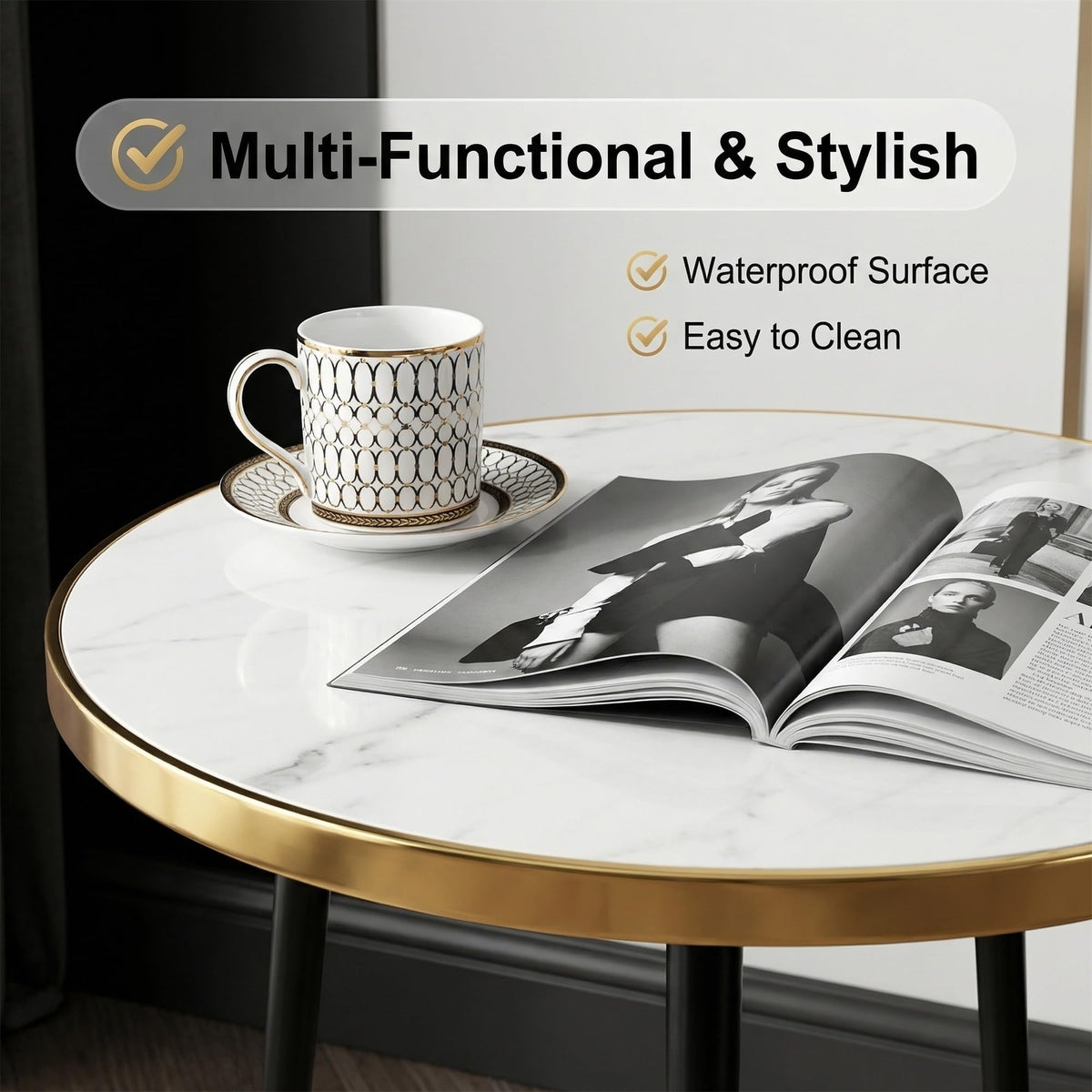 Round Side Table, Gold Metal Frame AccentTable with Marble Texture Top, Modern EndTable for Living Room Bedroom, SmallSpaces