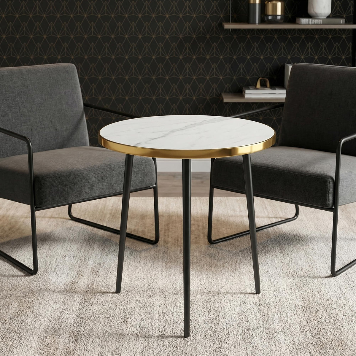 Round Side Table, Gold Metal Frame AccentTable with Marble Texture Top, Modern EndTable for Living Room Bedroom, SmallSpaces