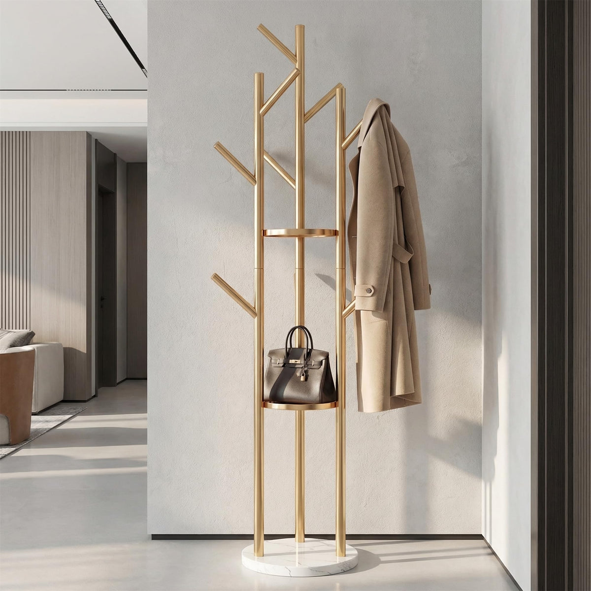 Gold Metal Coat Rack Freestanding with Marble Base, 9 Hooks Coat Tree with Shelves for Entryway Hallway Bedroom Office, Modern Coat Hanger Stand for Clothes Bags Hats Scarves Easy Assembly.