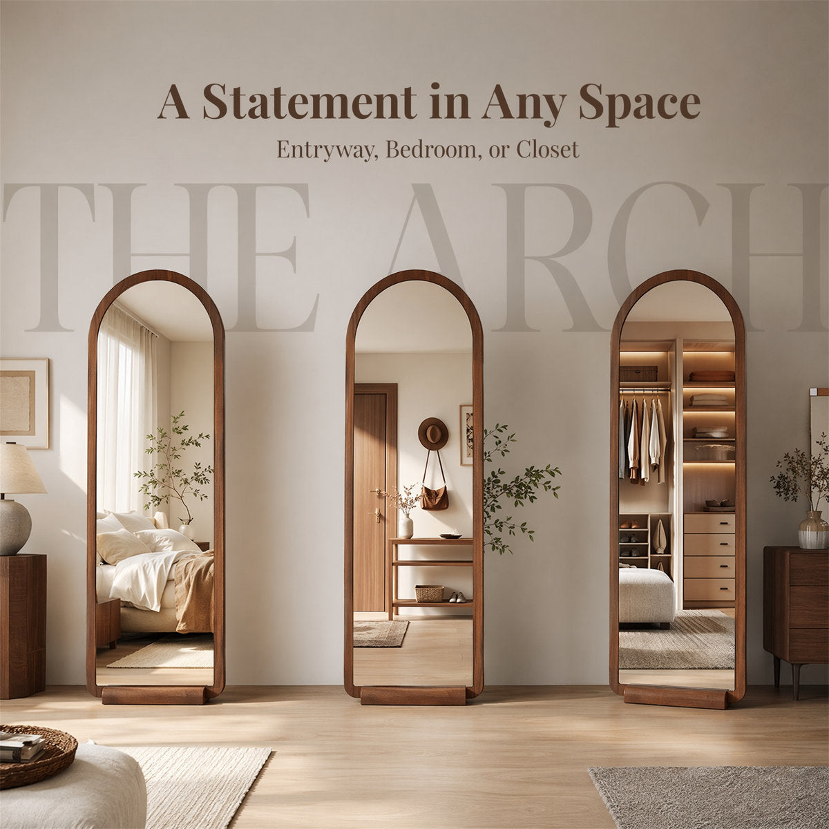 Arched Walnut Floor Mirror
