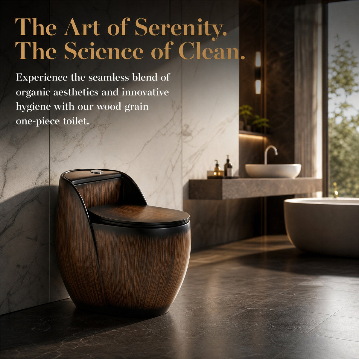 Wood-Grain One-Piece Toilet