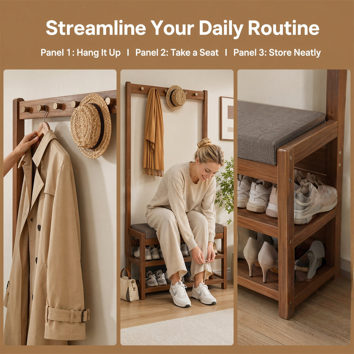 Narrow Bamboo Hall Tree with Bench & Shoe Storage