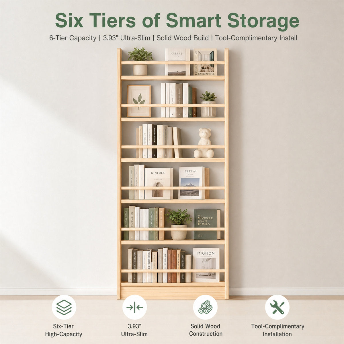 Six-Tier Solid Wood Bookshelf