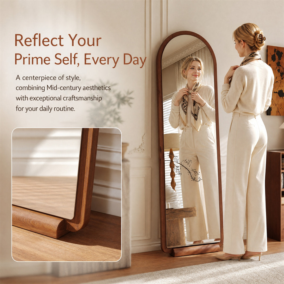 Arched Walnut Floor Mirror