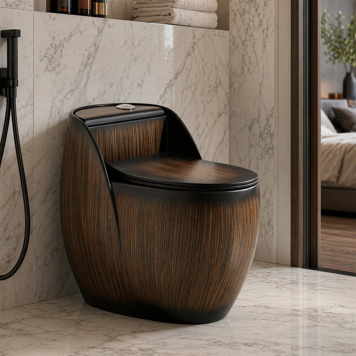 Wood-Grain One-Piece Toilet