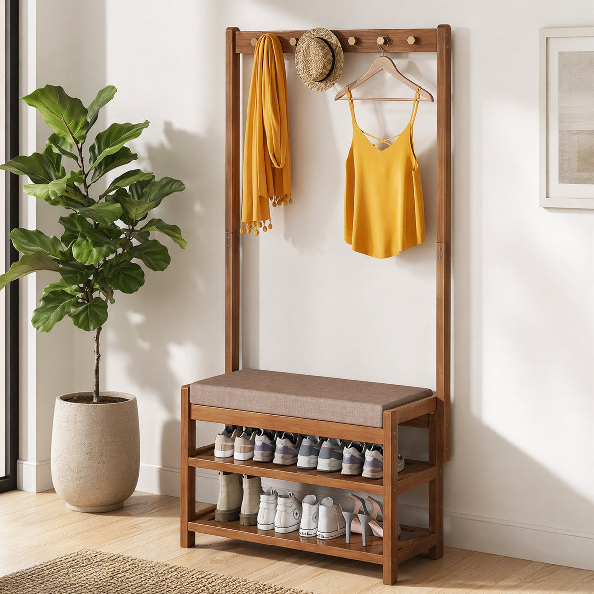 Narrow Bamboo Hall Tree with Bench & Shoe Storage