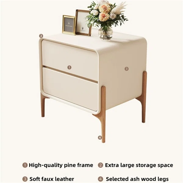 Modern Off White Nightstand 2-Drawer Bedside Cabinet