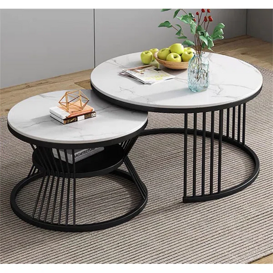 Modern White Nesting Coffee Tables Round Set of 2 with Stone Top