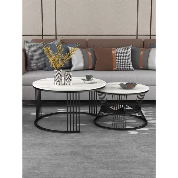 Modern White Nesting Coffee Tables Round Set of 2 with Stone Top