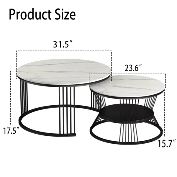 Modern White Nesting Coffee Tables Round Set of 2 with Stone Top