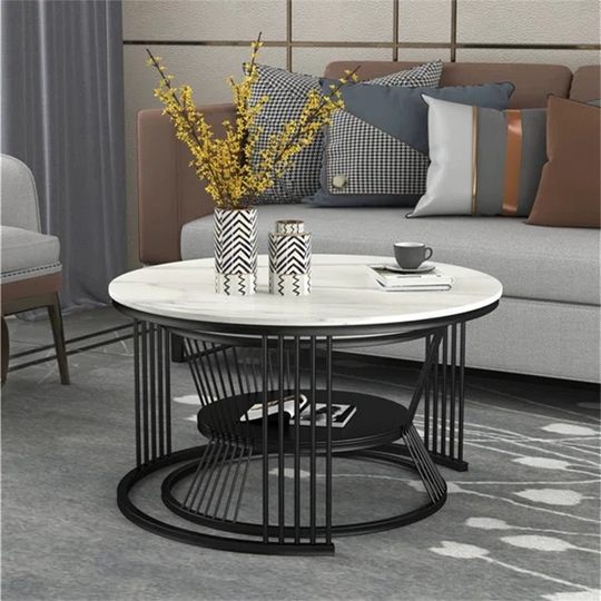 Modern White Nesting Coffee Tables Round Set of 2 with Stone Top