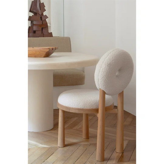 White Boucle Dining Chair Side Chair Natural Wood Legs