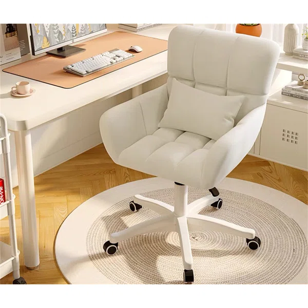 Modern White Swivel Office Chair Adjustable Height Ergonomic Linen Armless Desk Chair