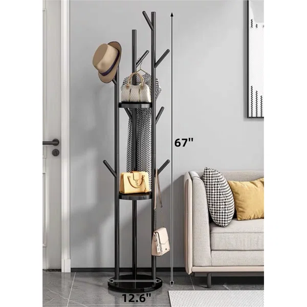 Gold Standing Coat Rack with 9 Hooks and 2 Shelves Modern Entryway Clothing Rack