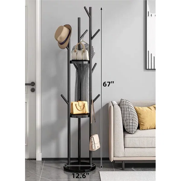 Gold Standing Coat Rack with 9 Hooks and 2 Shelves Modern Entryway Clo LUXSHERY