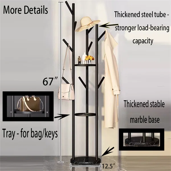 Gold Standing Coat Rack with 9 Hooks and 2 Shelves Modern Entryway Clothing Rack