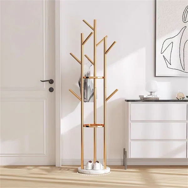 Gold Standing Coat Rack with 9 Hooks and 2 Shelves Modern Entryway Clothing Rack