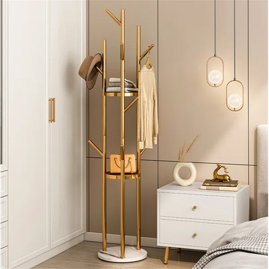 Gold Standing Coat Rack with 9 Hooks and 2 Shelves Modern Entryway Clothing Rack