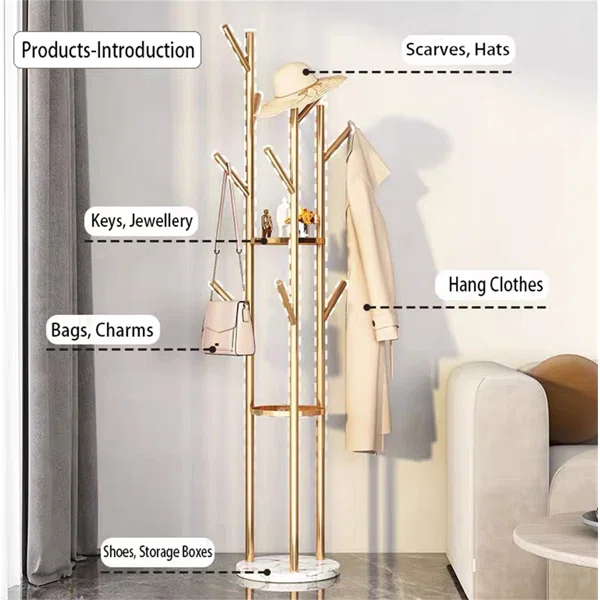 Gold Standing Coat Rack with 9 Hooks and 2 Shelves Modern Entryway Clothing Rack