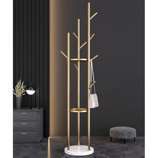 Gold Standing Coat Rack with 9 Hooks and 2 Shelves Modern Entryway Clothing Rack