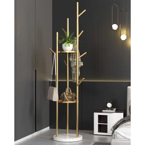 Gold Standing Coat Rack with 9 Hooks and 2 Shelves Modern Entryway Clothing Rack