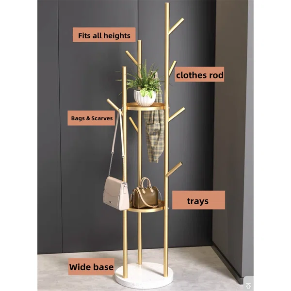 Gold Standing Coat Rack with 9 Hooks and 2 Shelves Modern Entryway Clothing Rack