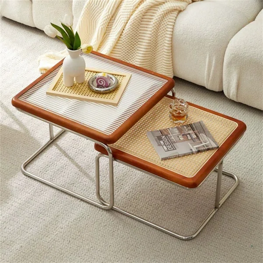 Coffee Table Set with Glass Table Top  and Rattan Composition, Solid Wood Frame, Solid and Durable