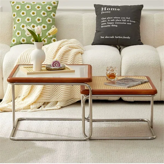 Coffee Table Set with Glass Table Top  and Rattan Composition, Solid Wood Frame, Solid and Durable