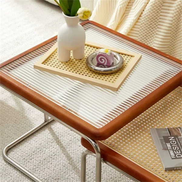 Coffee Table Set with Glass Table Top  and Rattan Composition, Solid Wood Frame, Solid and Durable