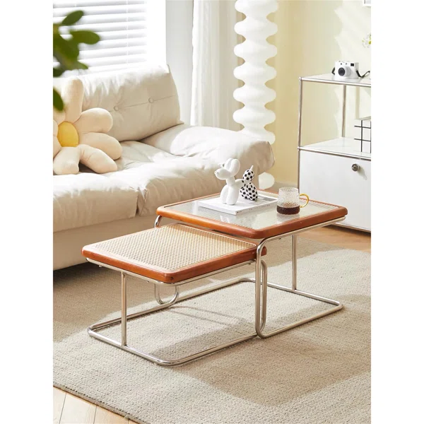 Coffee Table Set with Glass Table Top  and Rattan Composition, Solid Wood Frame, Solid and Durable