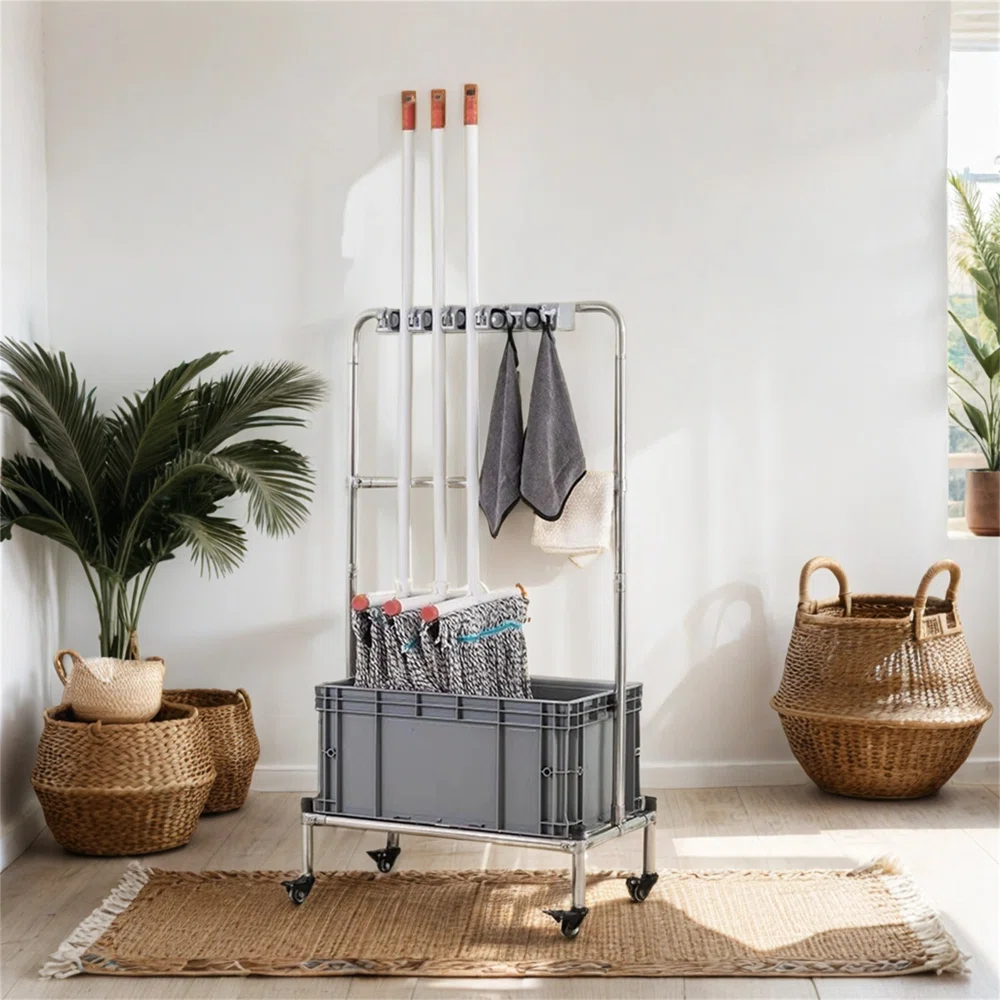 Broom and Mop Holder Put Wet Mops Movable Floor-Mounted Mop Rack Floor Standing Cleaning Tool Cart Storage for Garden Garage Schools, Hospitals, Factories, Hotels,Property Companies