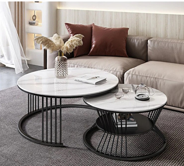 Modern White Nesting Coffee Tables Round Set of 2 with Stone Top