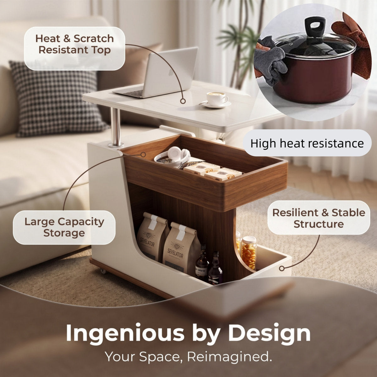 The Slide C-Table  Lift-Top Side Table / 2 Baskets