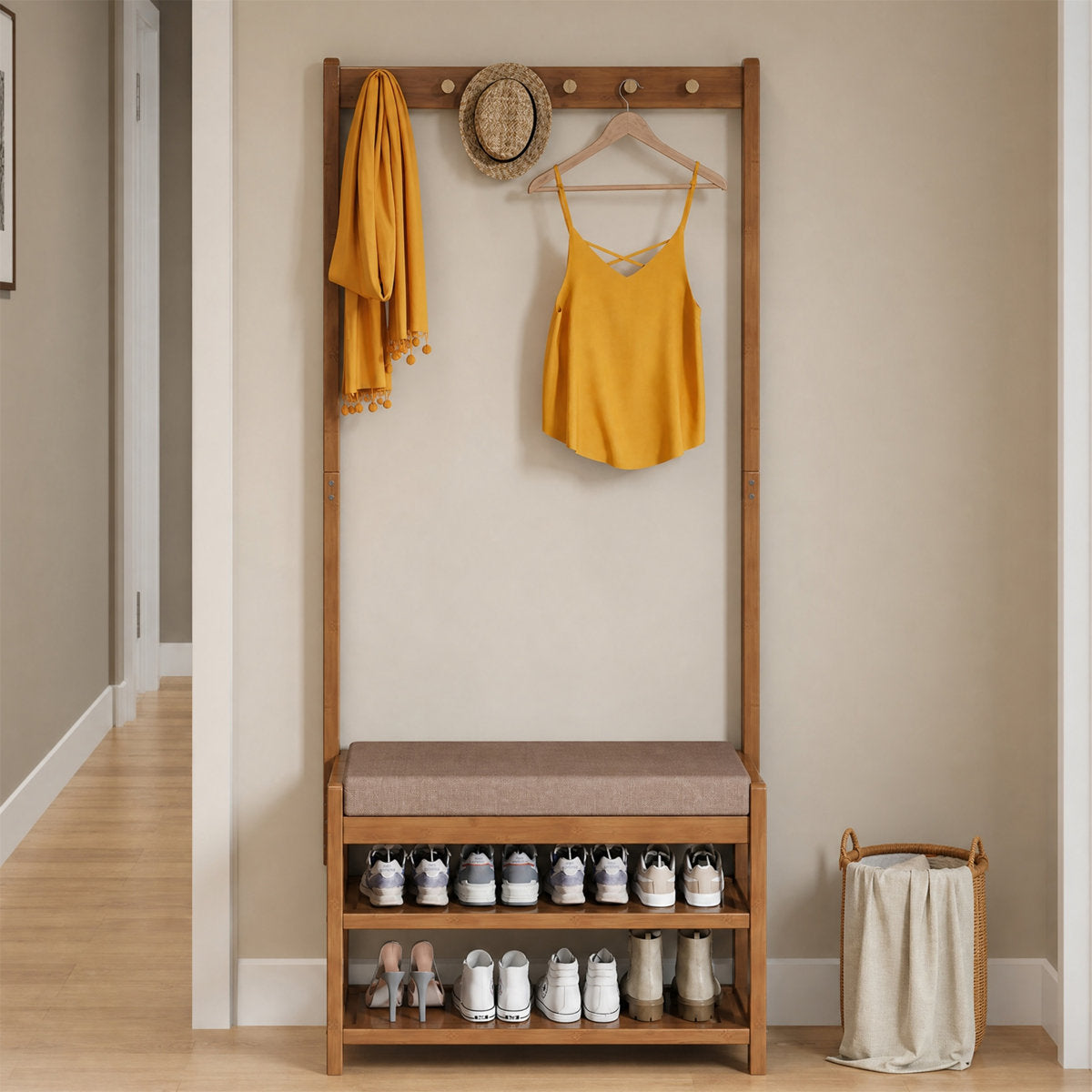 Narrow Bamboo Hall Tree with Bench & Shoe Storage